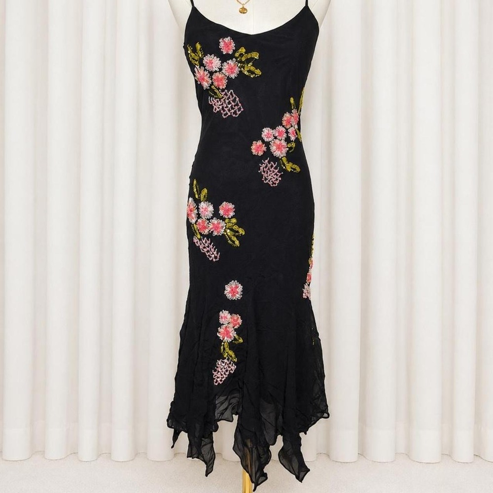Rare Y2K Sue Wong Black Silk Embroidered Floral Dress